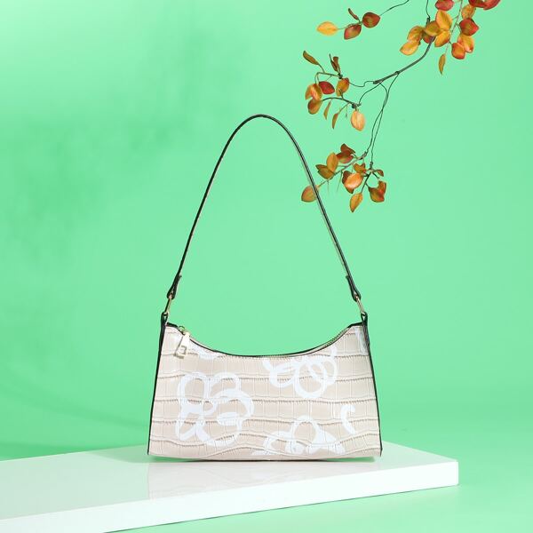 

Floral Graphic Croc Embossed Shoulder Bag, Beige