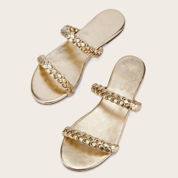 

Metallic Braided Strap Slide Sandals, Gold