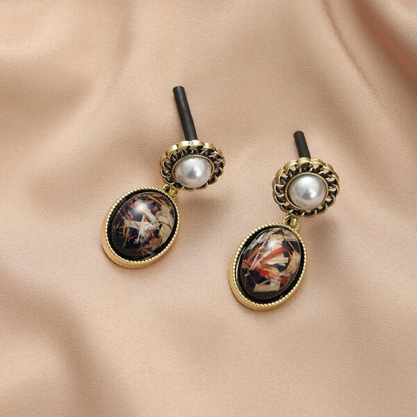 

Faux Pearl Decor Oval Drop Earrings, Ancient bronze