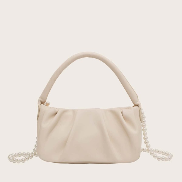 

Faux Pearl Decor Ruched Bag, Beige