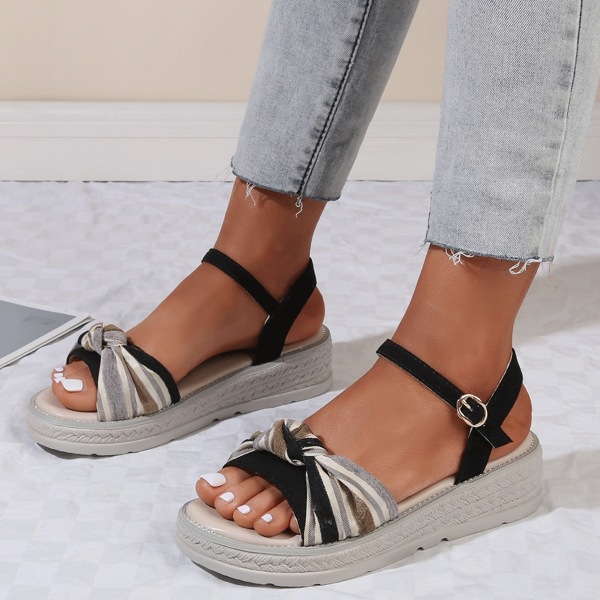 

Striped Knot Front Flatform Sandals, Black