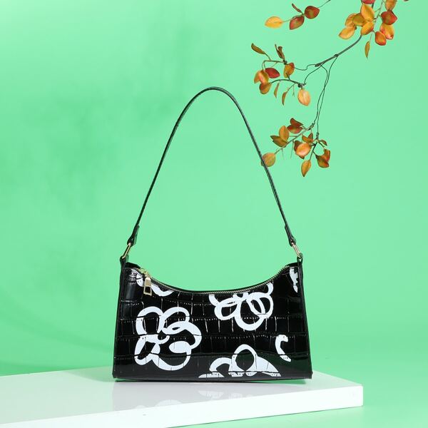 

Floral Graphic Croc Embossed Shoulder Bag, Black