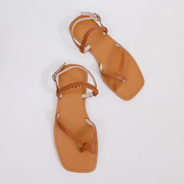 

Braided Strap Slingback Thong Sandals, Brown