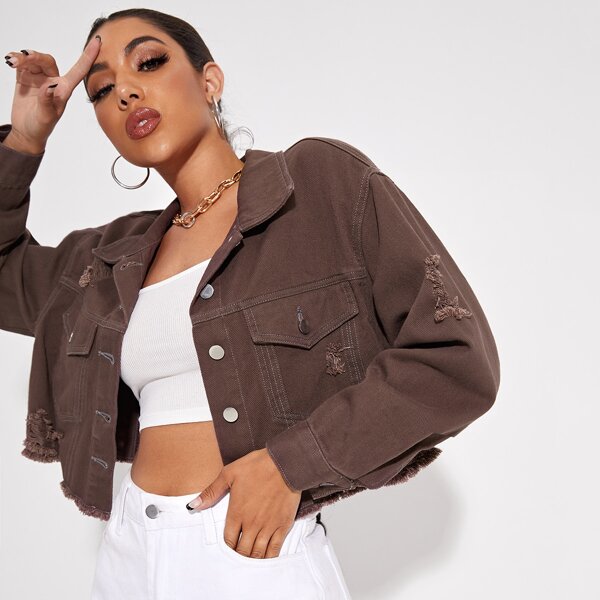

Ripped Raw Hem Drop Shoulder Crop Denim Jacket, Coffee brown