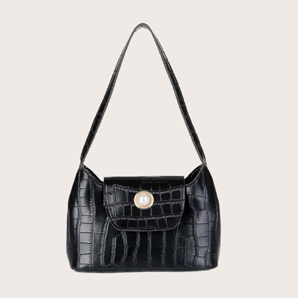 

Faux Pearl Decor Croc Embossed Shoulder Bag, Black