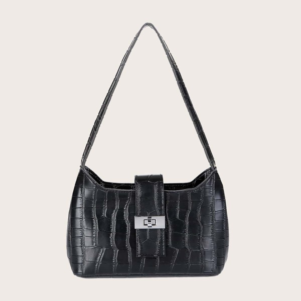 

Twist Lock Croc Embossed Shoulder Bag, Black