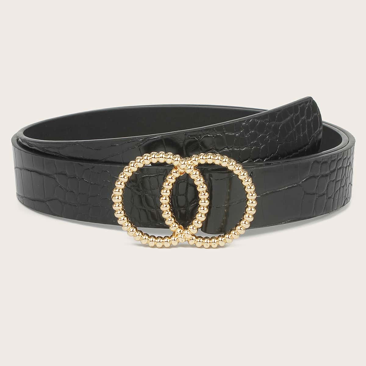 

Croc Embossed Double Ring Buckle Belt, Black