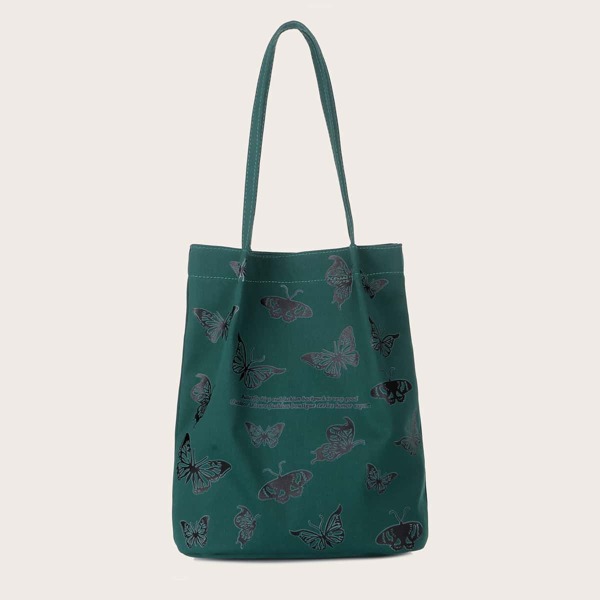 

Butterfly Print Shoulder Tote Bag, Green
