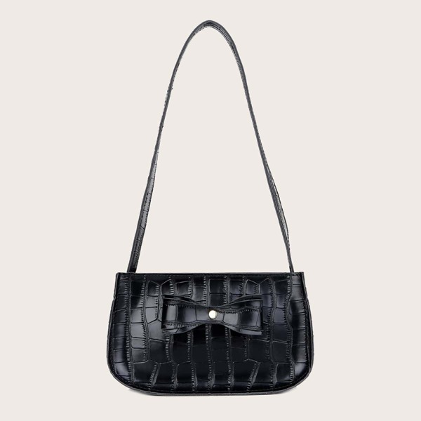 

Bow Decor Croc Embossed Shoulder Bag, Black