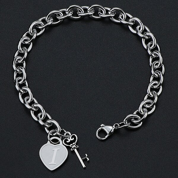 

Men Letter Graphic Heart Charm Bracelet, Silver