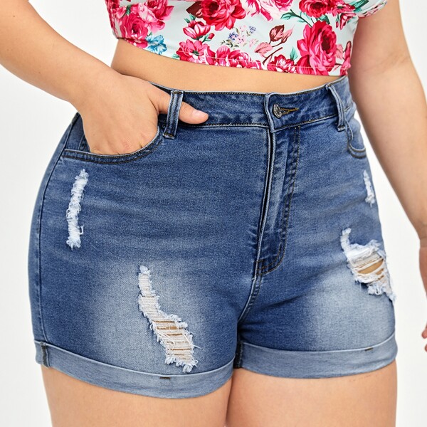 

Plus High Waist Ripped Roll Hem Denim Shorts, Medium wash