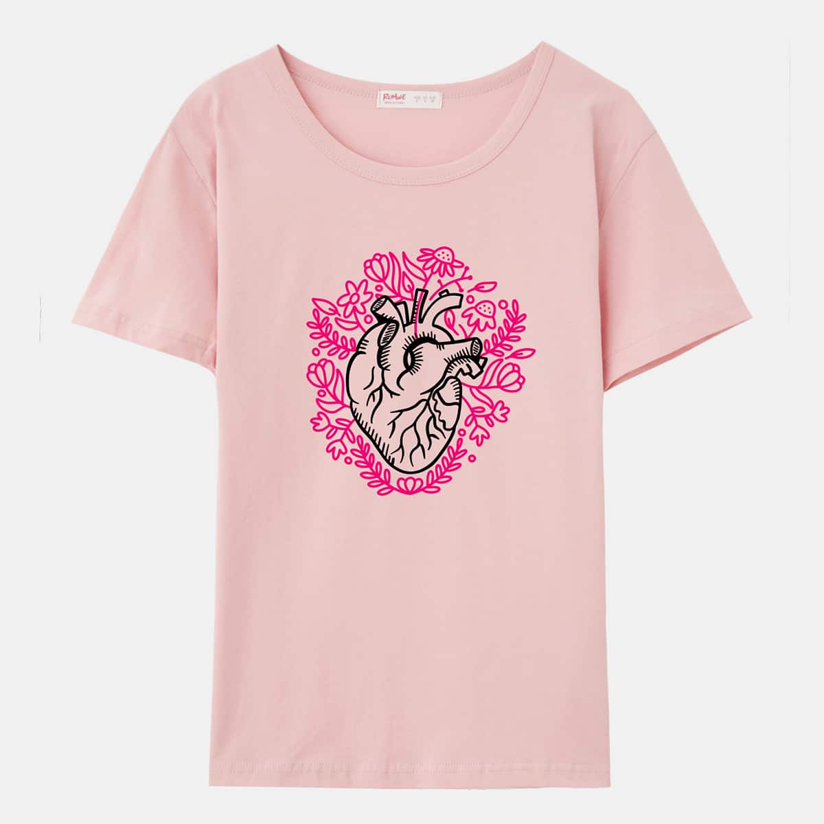 

ROMWE X Betsy-doodles Floral & Heart Graphic Tee, Pink