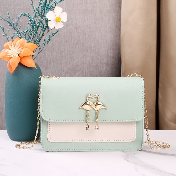 

Metal Swan Decor Two Tone Crossbody Bag, Green