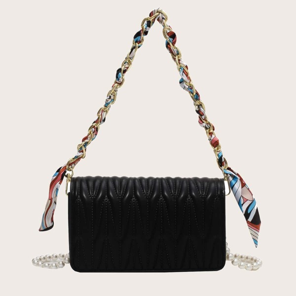 

Faux Pearl Decor Quilted Shoulder Bag, Black