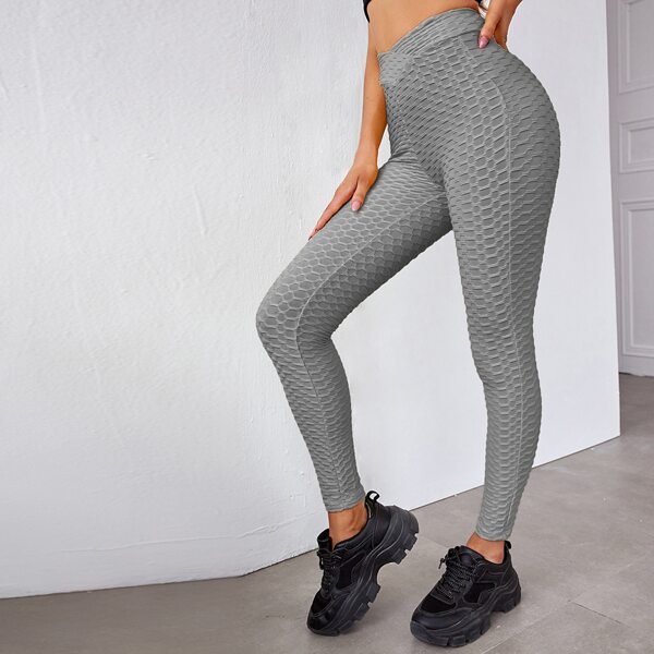 

High Waist Solid Honeycomb Leggings, Grey