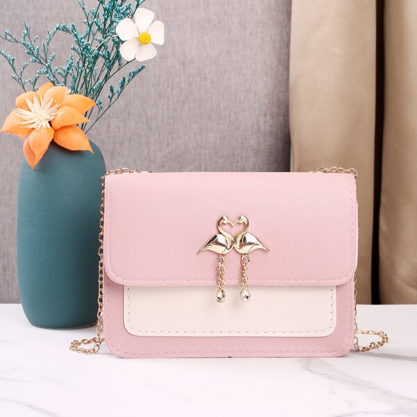 

Metal Swan Decor Two Tone Crossbody Bag, Pink