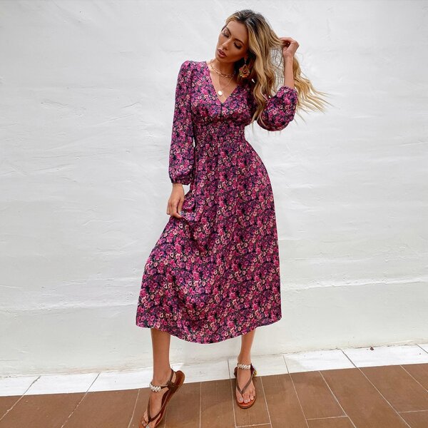 

Allover Floral Shirred A-line Dress, Multicolor