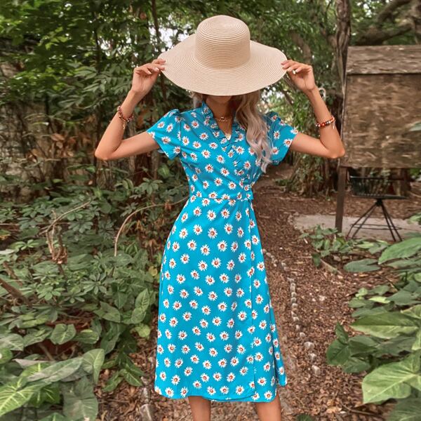 

Allover Floral Wrap A-line Dress, Mint blue
