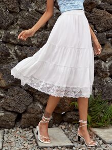 Contrast Lace Ruffle Hem Flare Skirt
