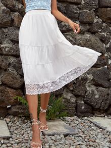 Contrast Lace Ruffle Hem Flare Skirt