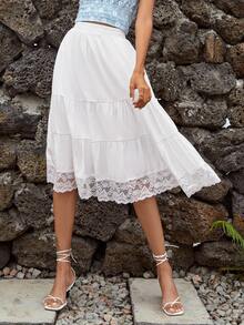 Contrast Lace Ruffle Hem Flare Skirt