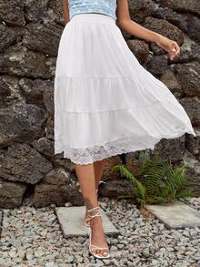 Contrast Lace Ruffle Hem Flare Skirt