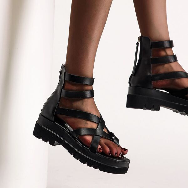 

Back Zipper Toe Post Gladiator Sandals, Black