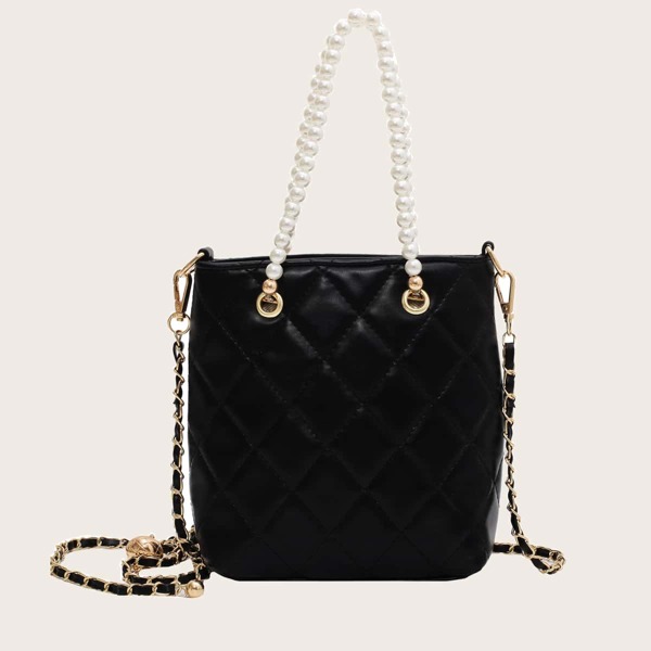 

Faux Pearl Handle Quilted Satchel Bag, Black