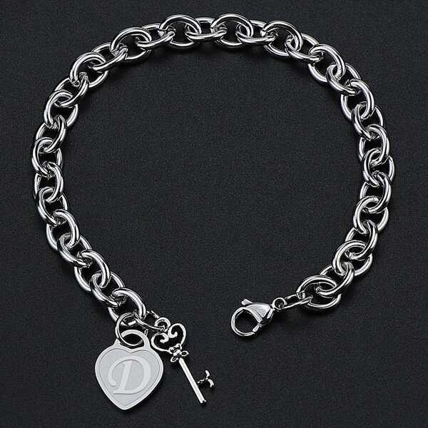 

Men Letter Graphic Heart Charm Bracelet, Silver