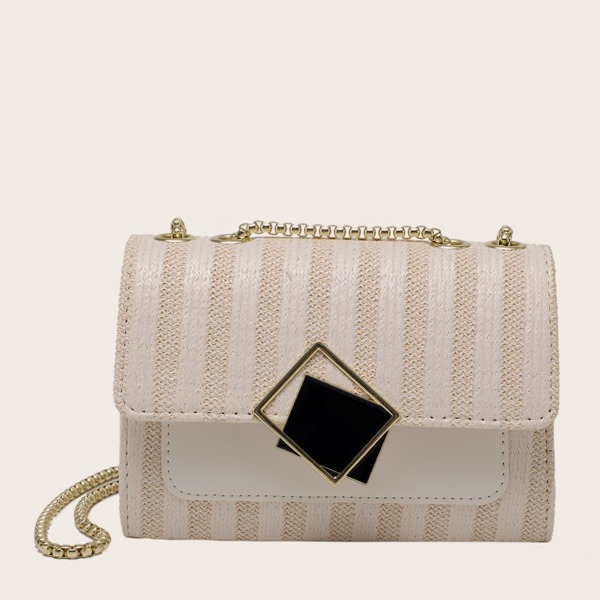 

Striped Flap Chain Shoulder Bag, Beige