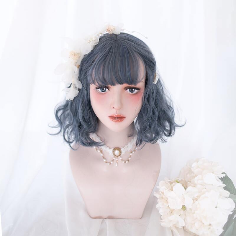 

Natural Short Wig With Bangs, Dusty blue