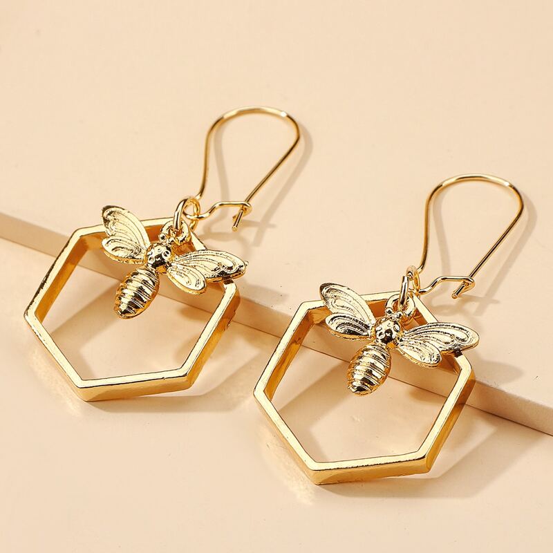 

Geo & Bee Drop Earrings, Gold