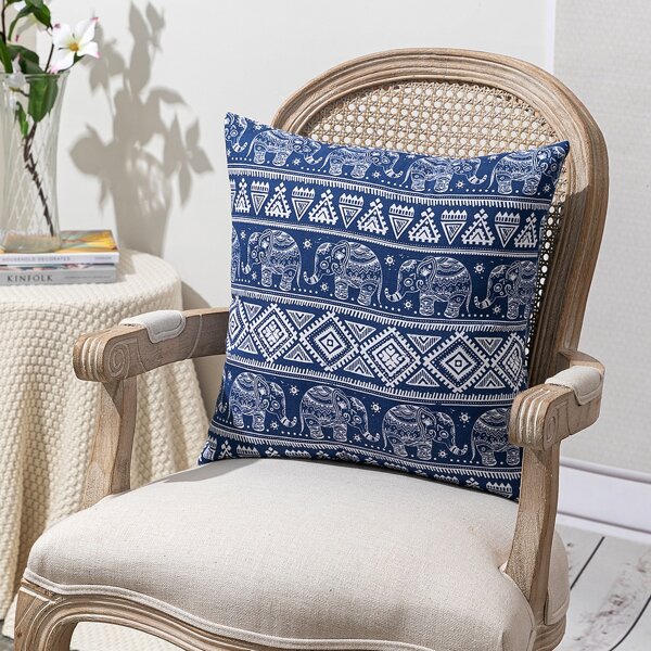 

Elephant & Geometric Pattern Cushion Cover Without Filler, Blue