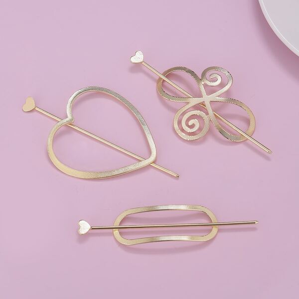 

3sets Heart Detail Hairpin, Gold
