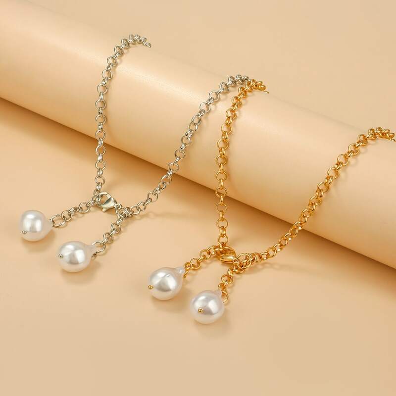 

2pcs Faux Pearl Chain Necklace, Multicolor