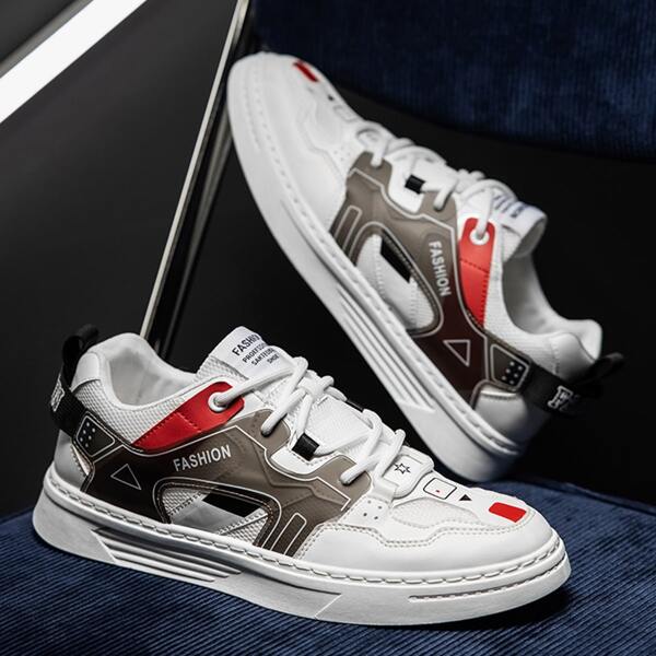 

Men Colorblock Lace-up Front Mesh Panel Sneakers, White
