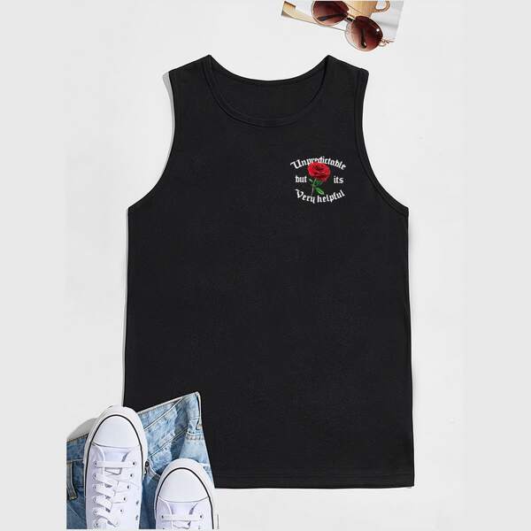 

Men Floral & Slogan Graphic Tank Top, Black