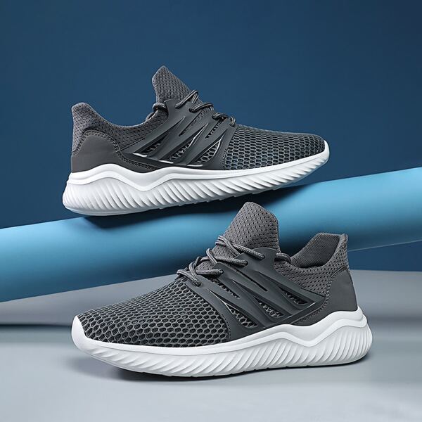

Men Lace Up Decor Mesh Running Shoes, Dark grey