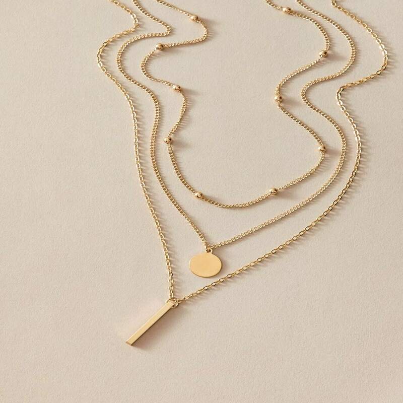 

3pcs Disc & Geo Pendant Necklace, Gold