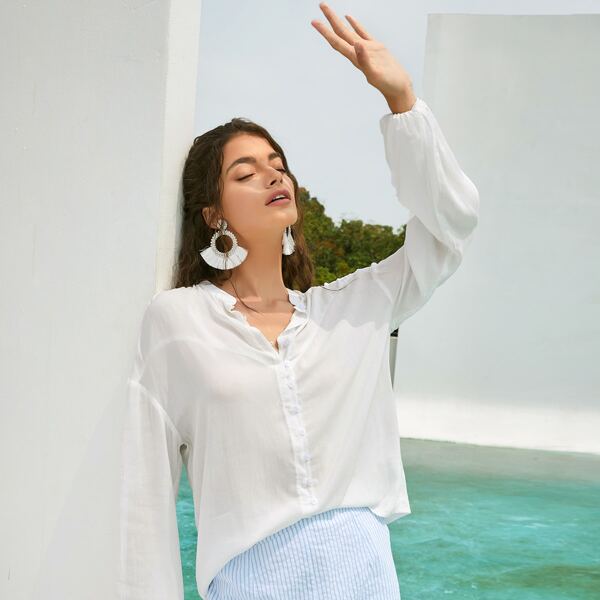 

Drop Shoulder Button Front Blouse, White