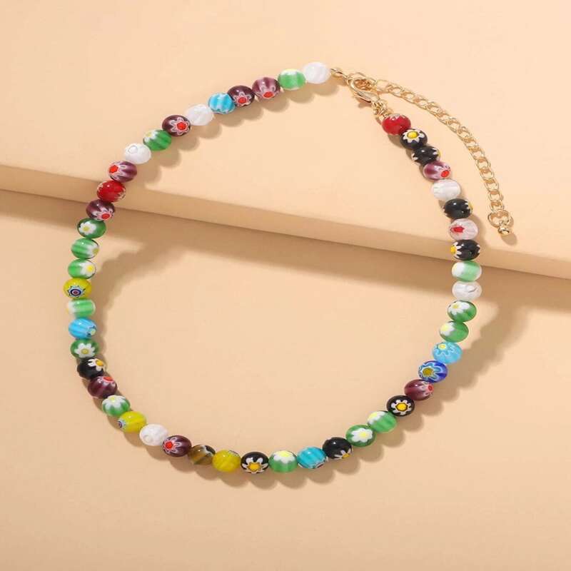 

Flower Pattern Beaded Necklace, Multicolor