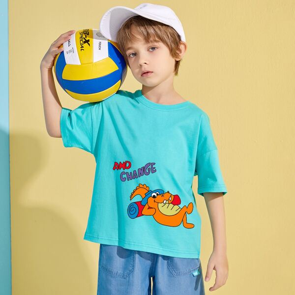 

Boys Letter & Cartoon Graphic Drop Shoulder Tee, Cadet blue