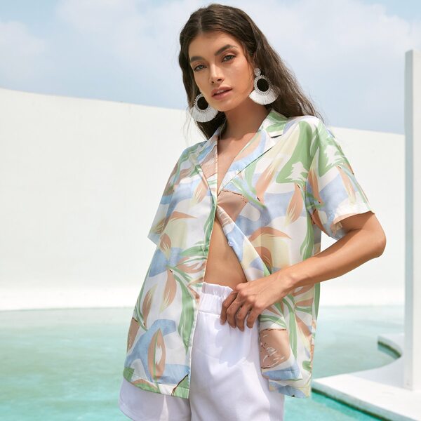 

Drop Shoulder Button Front Plant Longline Blouse, Multicolor