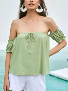 Calvaya Off Shoulder Tie Front Puff Sleeve Top