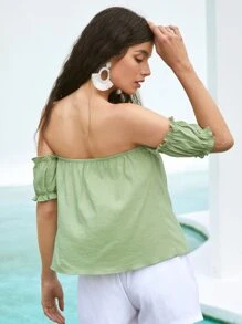 Calvaya Off Shoulder Tie Front Puff Sleeve Top