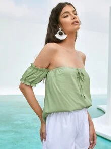 Calvaya Off Shoulder Tie Front Puff Sleeve Top