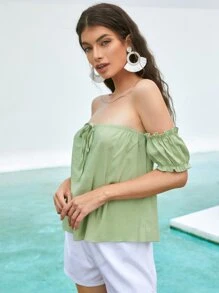 Calvaya Off Shoulder Tie Front Puff Sleeve Top