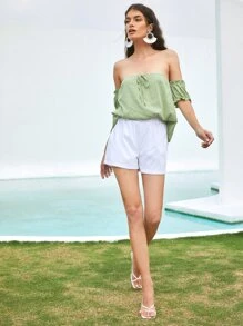 Calvaya Off Shoulder Tie Front Puff Sleeve Top