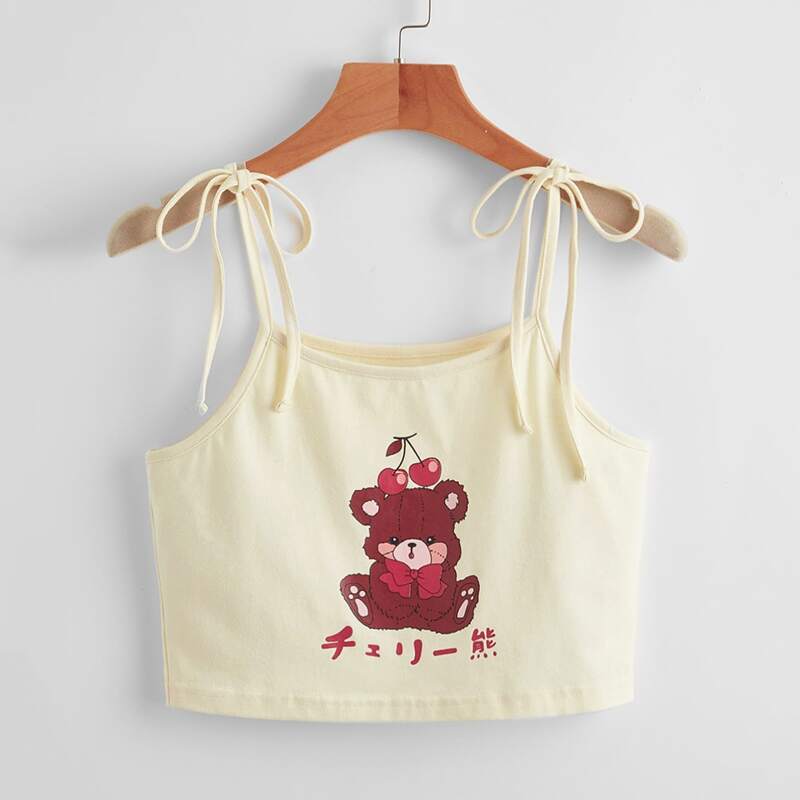 

Cartoon Bear Graphic Tie Shoulder Cami, Beige