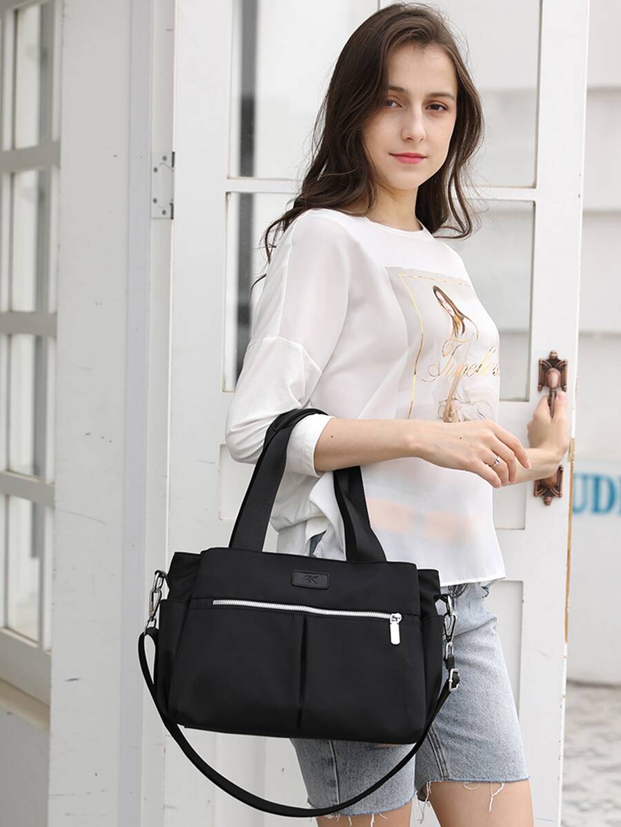 Zip Front Nylon Tote Bag - Black - View 1